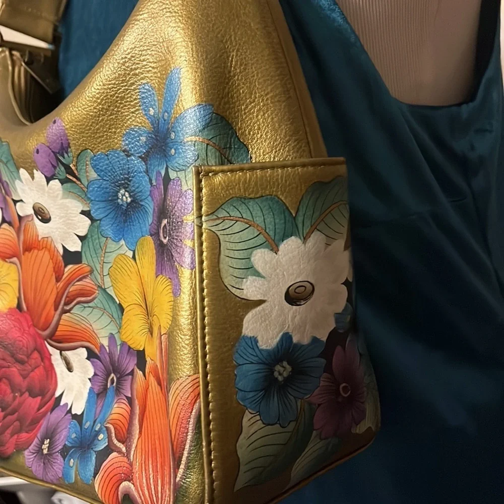 Anuschka hand painted leather golden hobo style shoulder bag